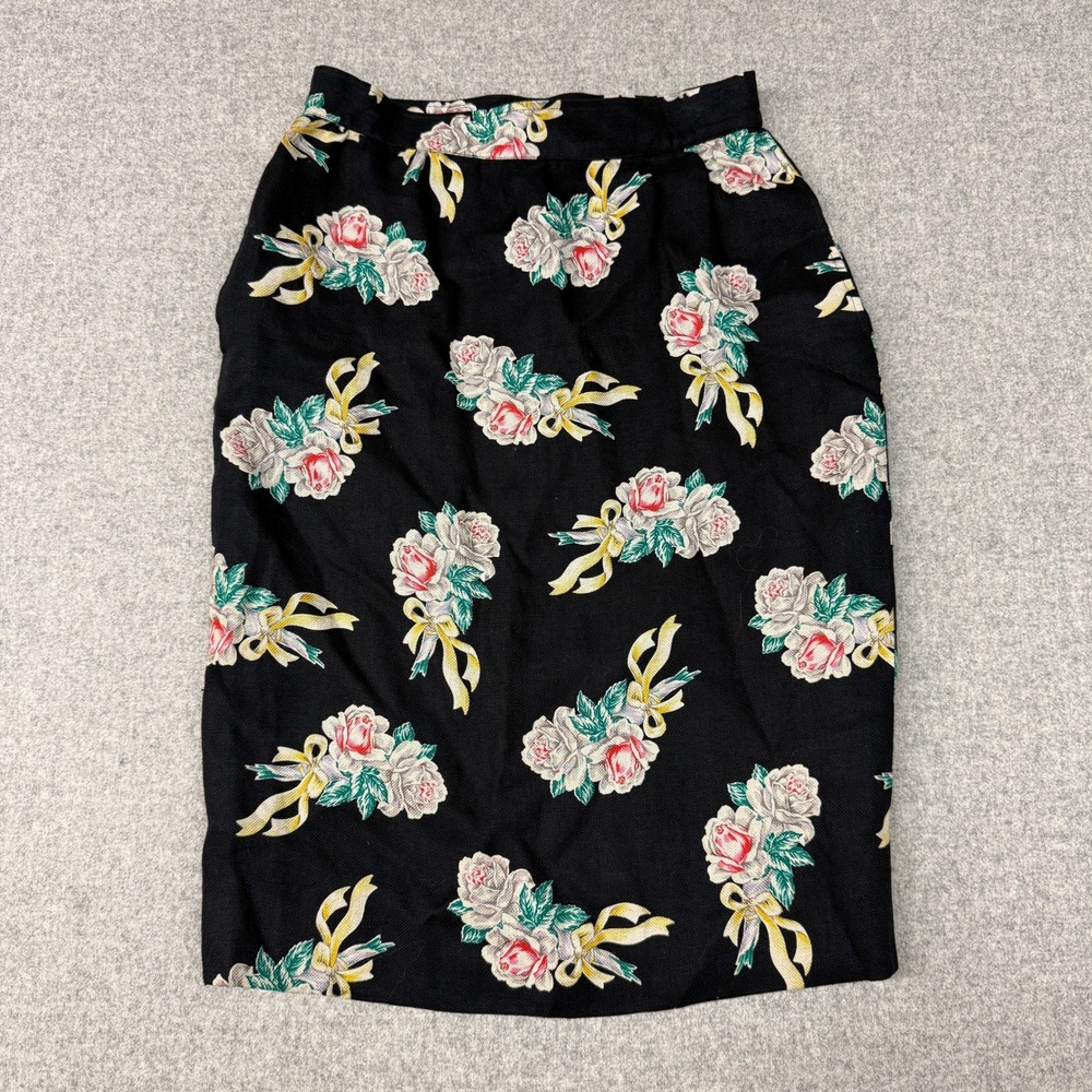 Ungaro Parallele Paris Skirt Vintage Black Floral Rose Ribbon Pencil Straight